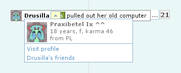 Screenshot of a user on Plurk being hovered over, revealing information about the user such as age and karma