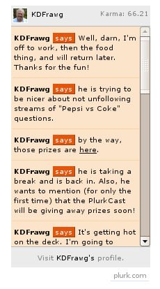 Screenshot of a Plurk widget showing the feed of the user @KDFrawg