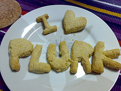 Various cookies spelled out to read 'I love Plurk'